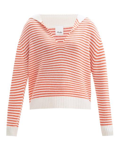 Allude - Sailor-collar Striped Wool-blend Sweater - Womens - Orange Stripe