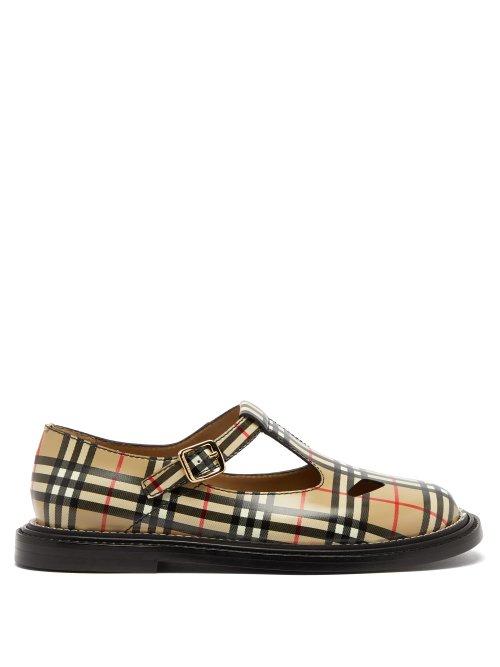 Matchesfashion.com Burberry - Hannie T Bar Vintage Check Leather Shoes - Womens - Beige Multi