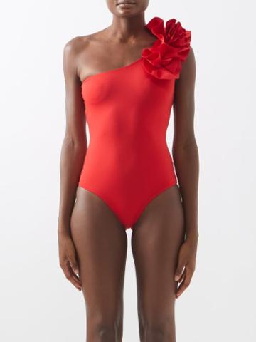 Maygel Coronel - Janine Asymmetric Ruffled Swimsuit - Womens - Red