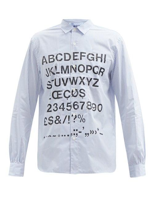 Matchesfashion.com Junya Watanabe - Alphabet-print Striped Cotton-poplin Shirt - Mens - Blue