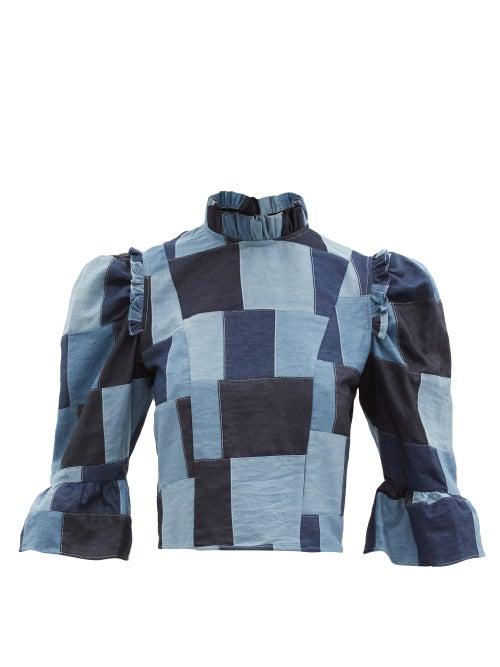 Matchesfashion.com Batsheva - Ruffled Patchwork-denim Cropped Top - Womens - Mid Denim