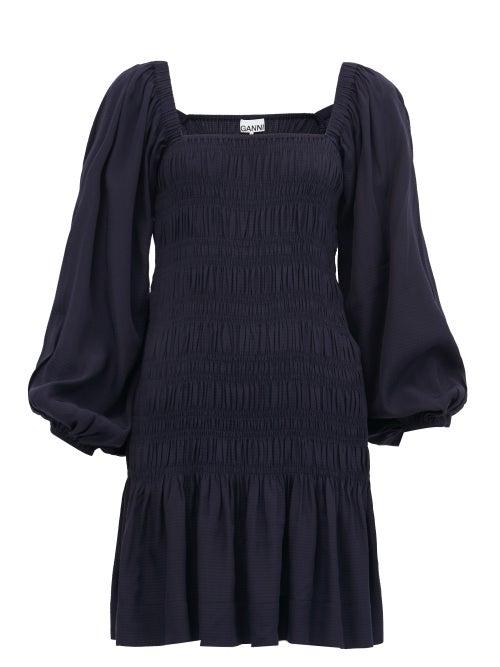 Matchesfashion.com Ganni - Square-neck Shirred Mini Dress - Womens - Navy