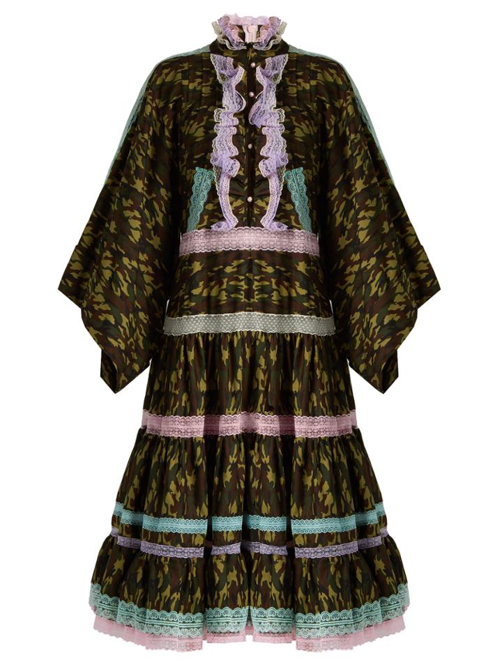 Natasha Zinko Lace-trimmed Camouflage-print Cotton Midi Dress