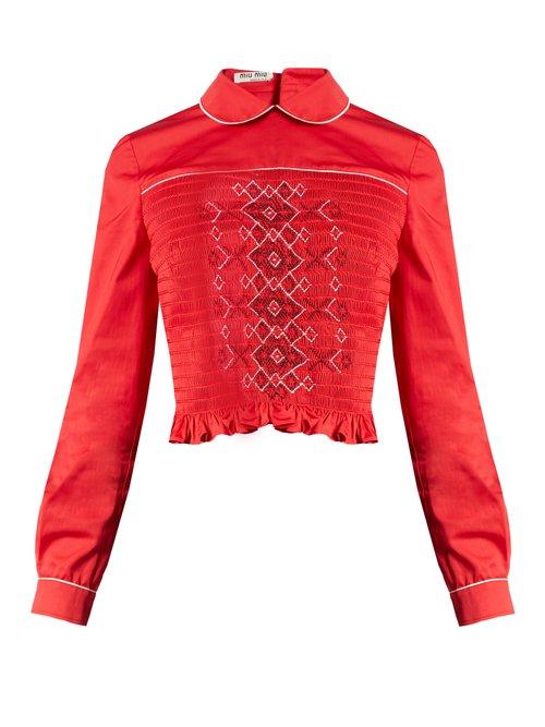 Matchesfashion.com Miu Miu - Smocked Front Cotton Top - Womens - Red