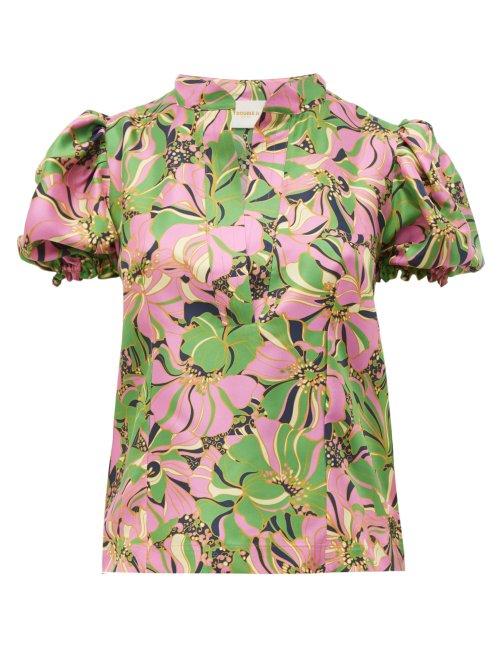 Matchesfashion.com La Doublej - Shortcake Puffed Sleeve Floral Print Silk Blouse - Womens - Green Multi