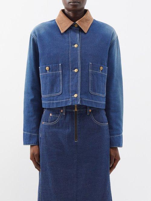 Gucci - Corduroy-collar Cropped Denim Jacket - Womens - Mid Denim