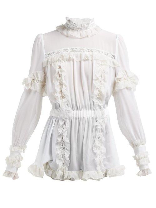 Matchesfashion.com Dolce & Gabbana - Ruffled Lace Insert Silk Blend Blouse - Womens - White