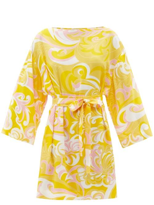 Ladies Beachwear Emilio Pucci - Albizia-print Belted Voile Mini Dress - Womens - Yellow