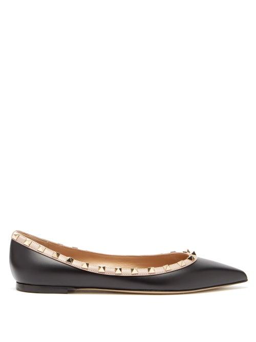 Ladies Shoes Valentino Garavani - Rockstud Point-toe Leather Ballet Flats - Womens - Black