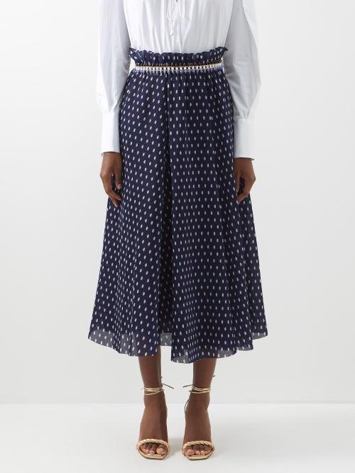 Zimmermann - Polka-dot Pleated Chiffon Midi Skirt - Womens - Navy Cream
