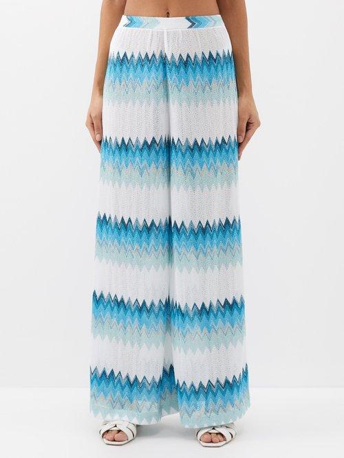Missoni - Zigzag Metallic-knit Wide-leg Trousers - Womens - Blue White
