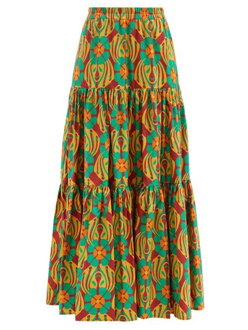 La Doublej - Big Clover-print Cotton-poplin Maxi Skirt - Womens - Green Multi