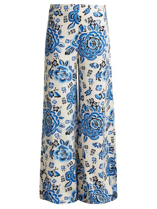 Matchesfashion.com Rebecca De Ravenel - Floral Print Silk Trousers - Womens - Blue Multi
