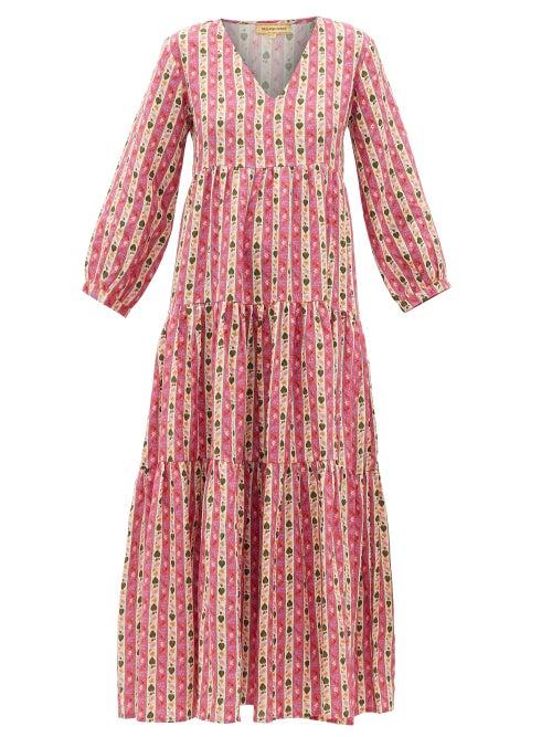 Matchesfashion.com Muzungu Sisters - Floral-striped Linen Dress - Womens - Pink Print