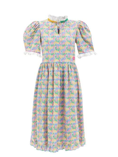 Horror Vacui - Lea Floral-print Cotton-poplin Dress - Womens - Blue Multi