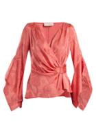 Matchesfashion.com Peter Pilotto - V Neck Satin Jacquard Wrap Blouse - Womens - Pink Print