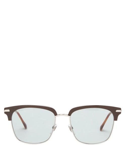 Matchesfashion.com Gucci - Horsebit Square Acetate And Metal Sunglasses - Mens - Blue Silver