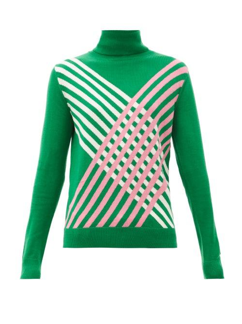 Matchesfashion.com Perfect Moment - Intarsia Stripe Roll Neck Merino Wool Sweater - Womens - Green
