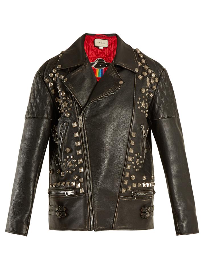 Gucci Stud-embellished Distressed Leather Jacket