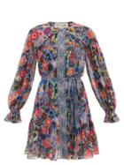 Saloni - Pixie Floral-print Ruffle-hem Silk Dress - Womens - Multi