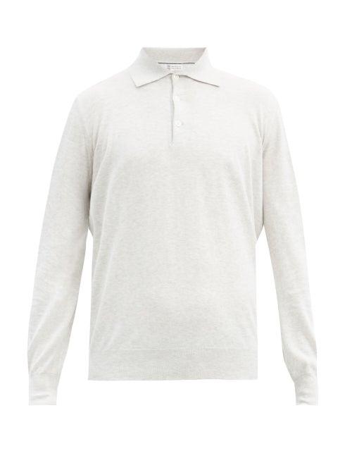 Matchesfashion.com Brunello Cucinelli - Marl Cotton Long-sleeved Polo Shirt - Mens - Light Grey