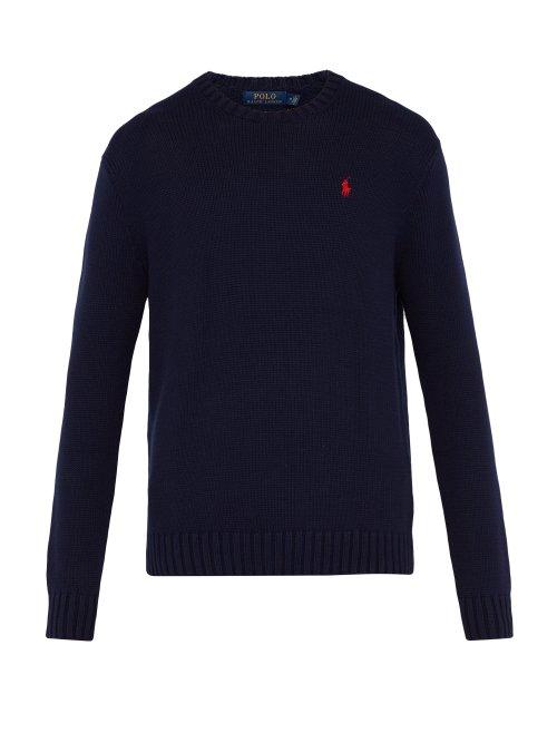 Matchesfashion.com Polo Ralph Lauren - Logo Embroidered Knit Cotton Sweater - Mens - Navy