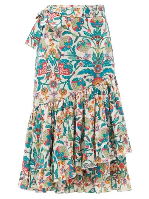 Matchesfashion.com La Doublej - Tree Of Life Bianco-print Cotton-blend Wrap Skirt - Womens - Blue Multi