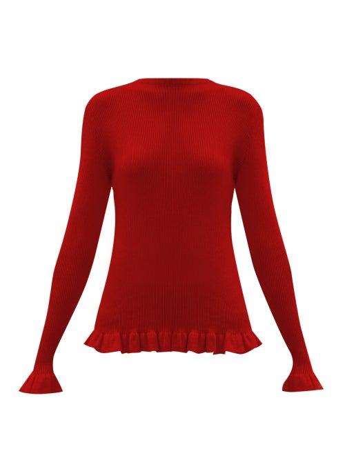 Matchesfashion.com Sara Lanzi - Ruffle-trim Rib-knit Merino Wool Sweater - Womens - Red