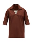 Matchesfashion.com Jil Sander - Point-collar V-neck Cotton Blouse - Womens - Brown