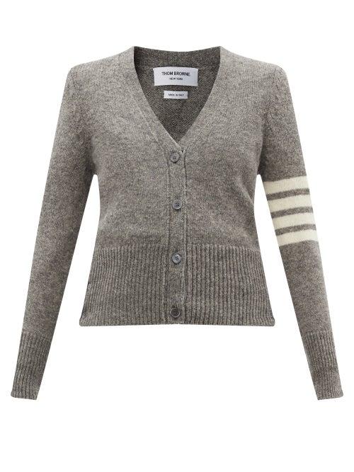 Ladies Rtw Thom Browne - Four-bar Intarsia Wool Cardigan - Womens - Grey