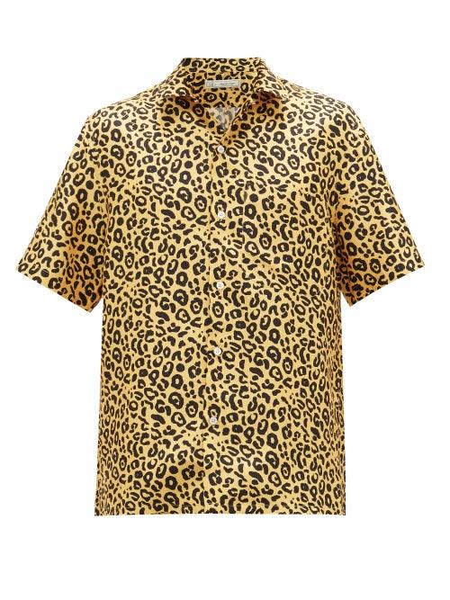 Matchesfashion.com Umit Benan B+ - Leopard-print Short-sleeve Silk-twill Shirt - Mens - Yellow Multi