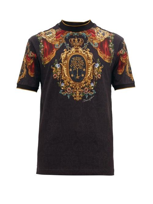 Matchesfashion.com Dolce & Gabbana - Heraldic Silk Blend Crew Neck T Shirt - Mens - Black