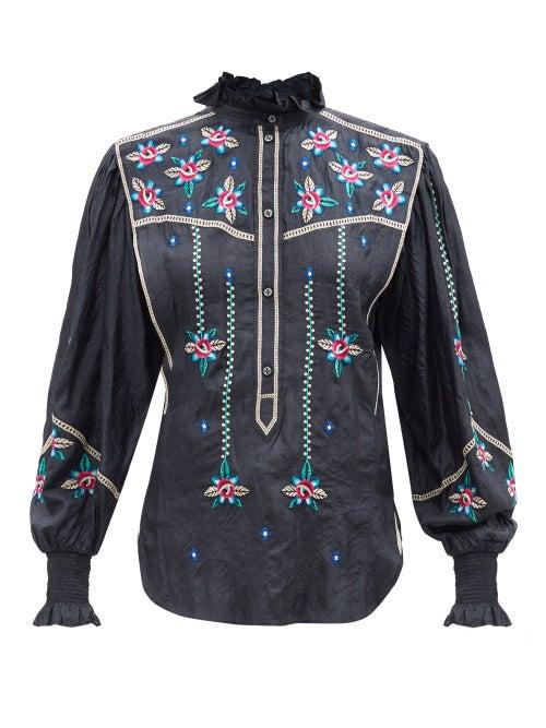 Isabel Marant - Ciska Ruffled Floral-embroidered Silk Blouse - Womens - Black Multi