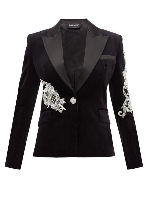 Matchesfashion.com Balmain - Bead Embellished Satin Lapel Velvet Jacket - Womens - Black Multi