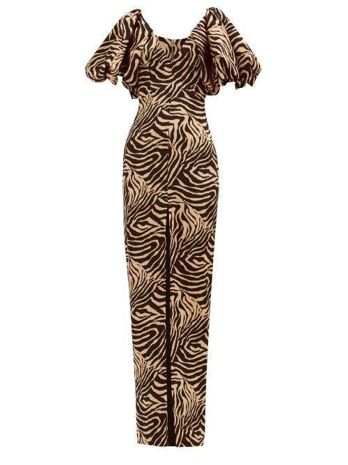 Matchesfashion.com Rasario - Puff-sleeve Tiger-print Crepe Dress - Womens - Beige Multi
