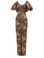 Matchesfashion.com Rasario - Puff-sleeve Tiger-print Crepe Dress - Womens - Beige Multi