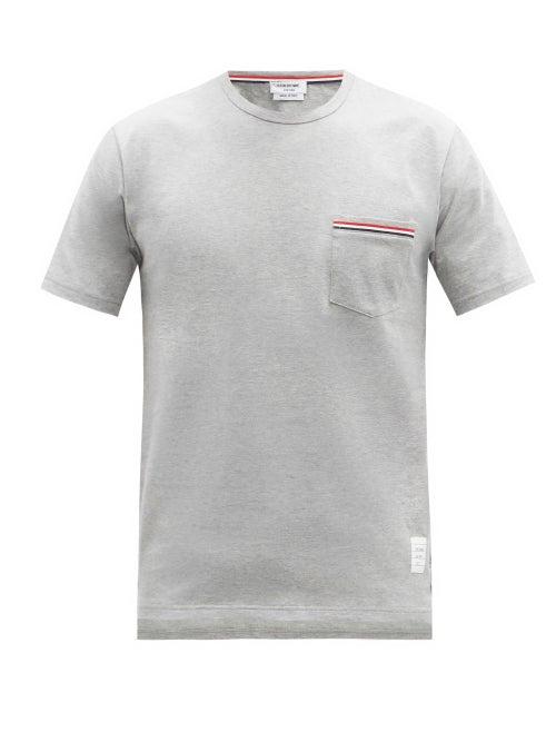 Mens Rtw Thom Browne - Tricolour-stripe Patch-pocket Cotton T-shirt - Mens - Grey