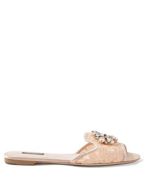 Dolce & Gabbana - Crystal-embellished Lace Slides - Womens - Light Pink