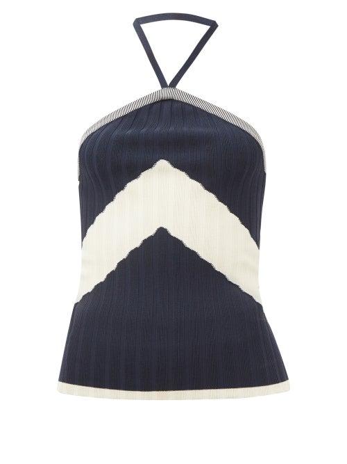 Wales Bonner - Star Halterneck Chevron-striped Ribbed-jersey Top - Womens - Navy White