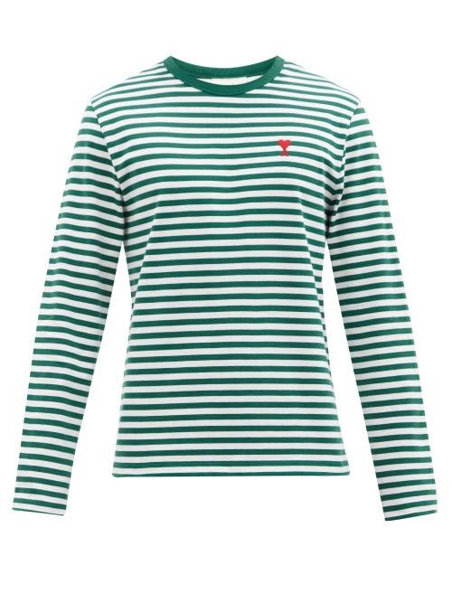 Mens Rtw Ami - Ami De Caur-logo Striped Organic-cotton T-shirt - Mens - Green Multi