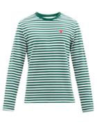 Mens Rtw Ami - Ami De Caur-logo Striped Organic-cotton T-shirt - Mens - Green Multi