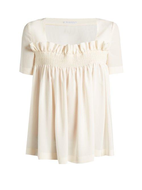 Matchesfashion.com Stella Mccartney - Smocked Silk Crepe De Chine Top - Womens - Ivory