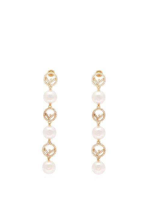 Matchesfashion.com Fendi - F Is Fendi Pearl & Crystal Drop Earrings - Womens - Gold