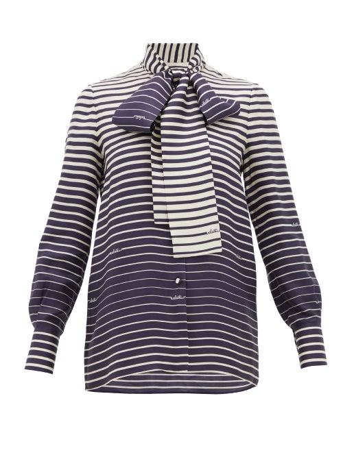 Matchesfashion.com Valentino - Degrad-stripe Silk-twill Blouse - Womens - Navy Stripe