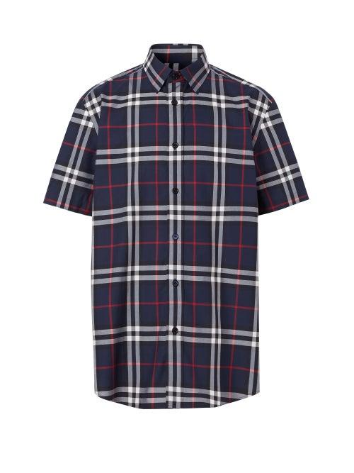 Mens Rtw Burberry - Caxton Short-sleeve Check Twill Shirt - Mens - Navy