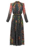 Matchesfashion.com Saloni - Jacqui B Coral Blossom-print Silk Midi Dress - Womens - Black Multi