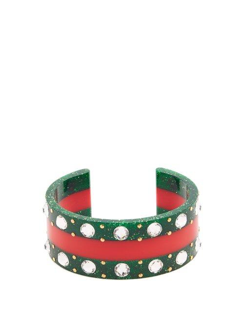 Matchesfashion.com Gucci - Web Crystal Embellished Cuff - Womens - Green