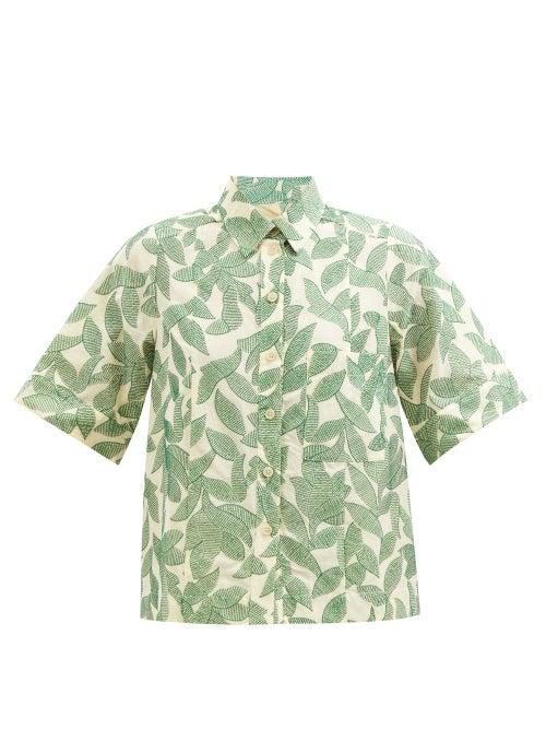 Three Graces London - Virginia Leaf-embroidered Cotton Shirt - Womens - Green Multi