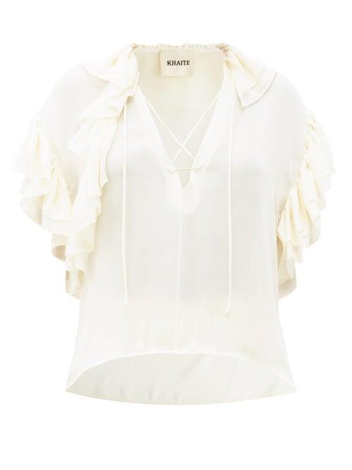 Matchesfashion.com Khaite - Dee V-neck Flounced Silk-georgette Blouse - Womens - Ivory