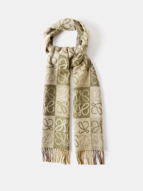 Loewe - Anagram-intarsia Tasselled Wool-blend Scarf - Womens - Beige Multi